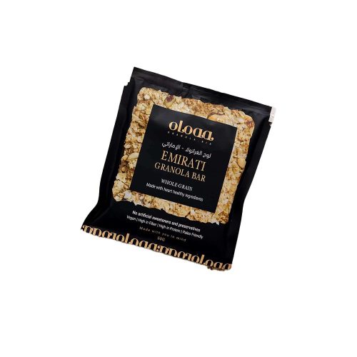 Emirati flavored granola bar from Oloaa all the way & infused with Saffron, Dates and Cardamom.