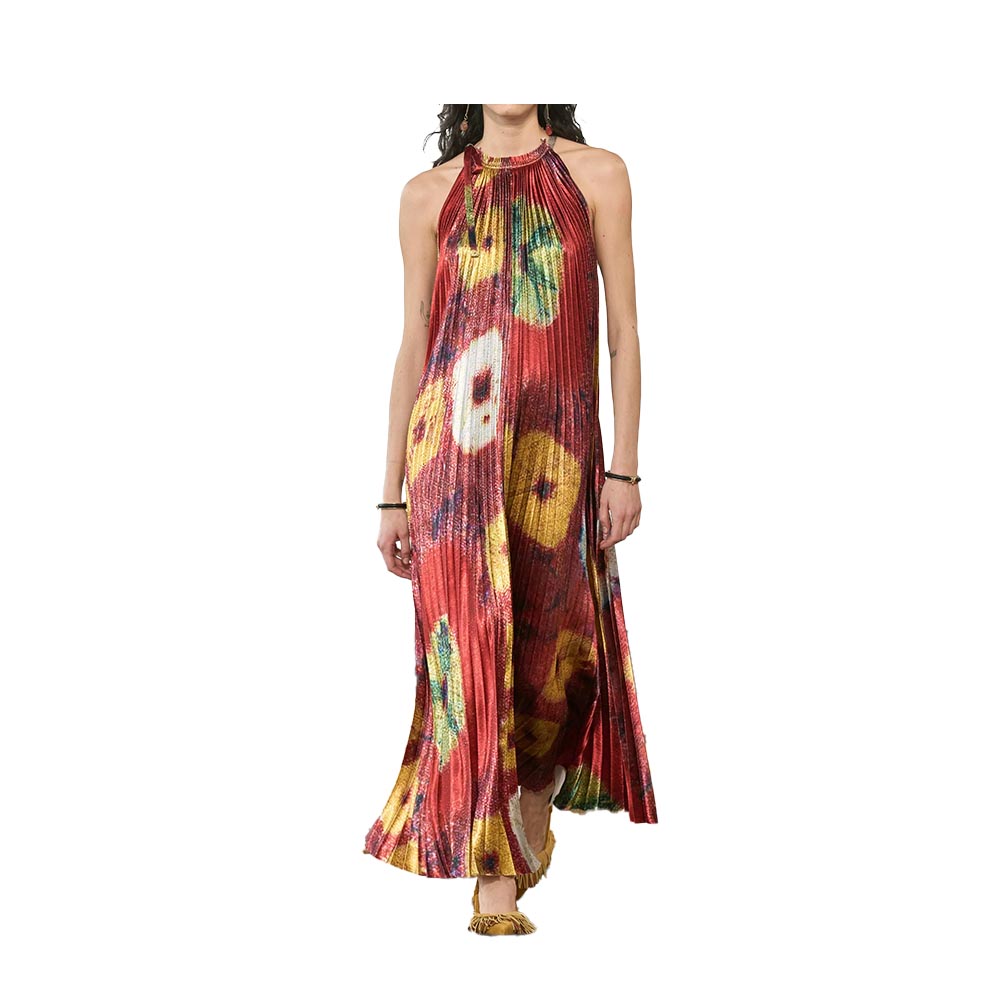 Discover Ulla Johnson's Amiko Dress in pleated satin with medallion shibori print, a versatile midi silhouette with unique details.