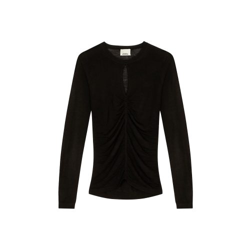 The Posy pullover by Isabel Marant is a sophisticated black wool sweater showcasing long sleeves and elegant pleats on the front. Crafted from a blend of 54% wool and 46% rayon, it offers both warmth and a luxurious feel.