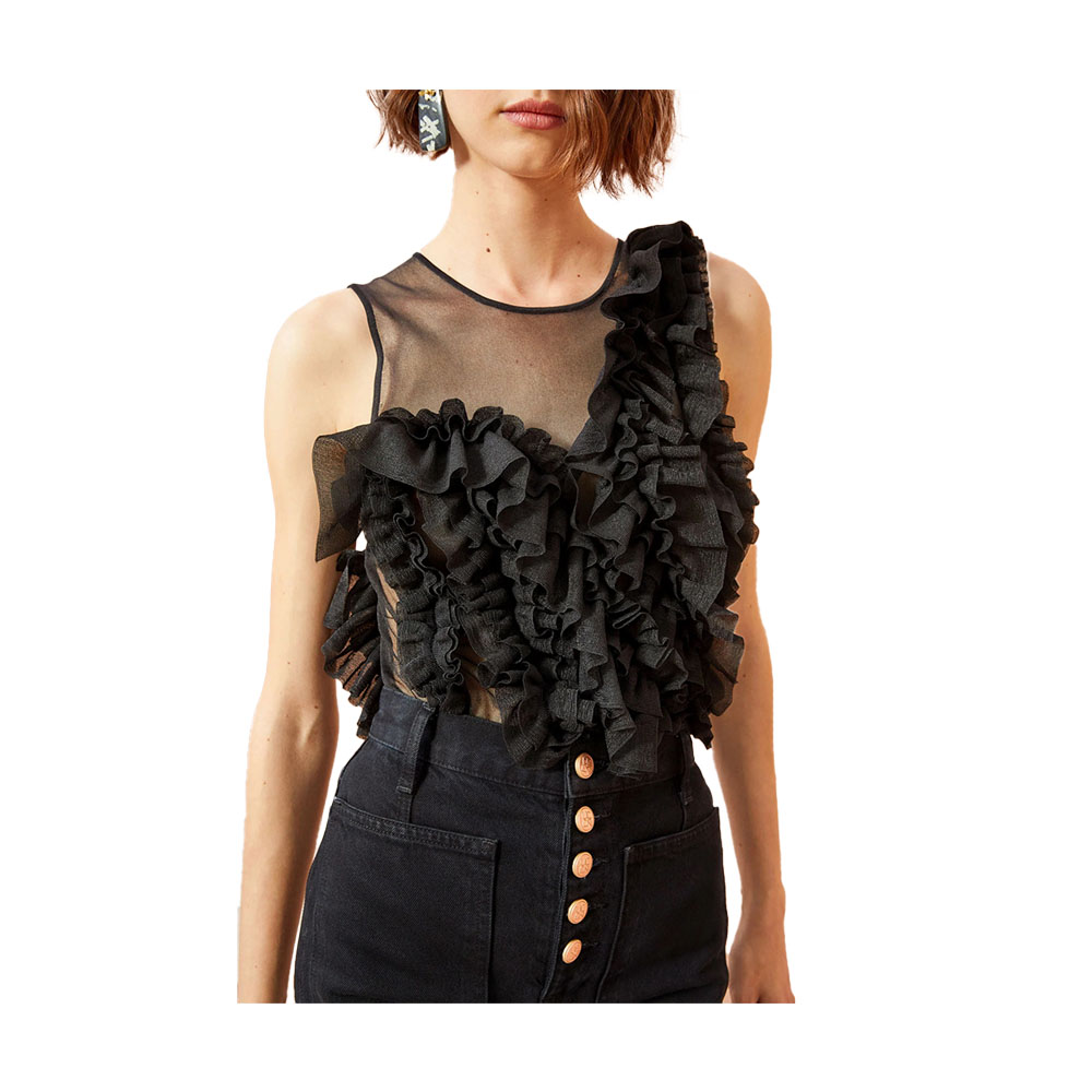 Explore Ulla Johnson's Winnifred Top in translucent frills knit, showcasing a strategically placed explosion of fluttering frills for a unique look.