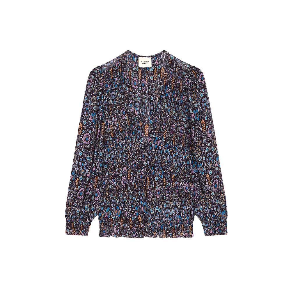 Isabel Marant's Nibel Top: Printed, V-neck, long sleeves, and 100% viscose for comfort and luxury—a versatile, chic wardrobe essential.