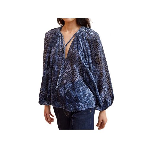 Discover the popular Pauline Blouse by Ulla Johnson, now in luxurious blue velvet burnout with a beautiful swirling moiré pattern.