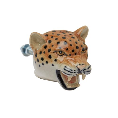 Elevate your decor with a hand-painted porcelain roaring leopard head doorknob, boasting a brass cap and secure metal bolt.
