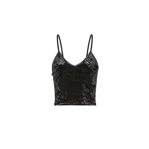 New V-neck crop top, delicately supported by slender spaghetti straps, crafted in stretch velvet with a unique, vibrant moiré pattern.